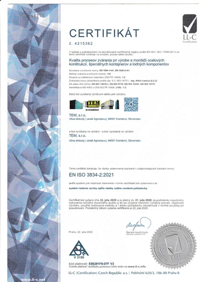 EN ISO 3834-2 SK certifikát