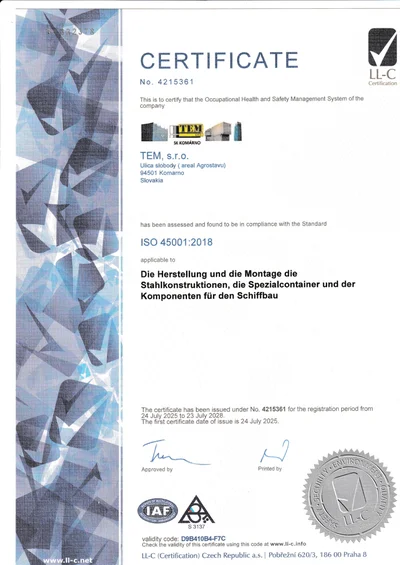 ISO 45001 EN certificate